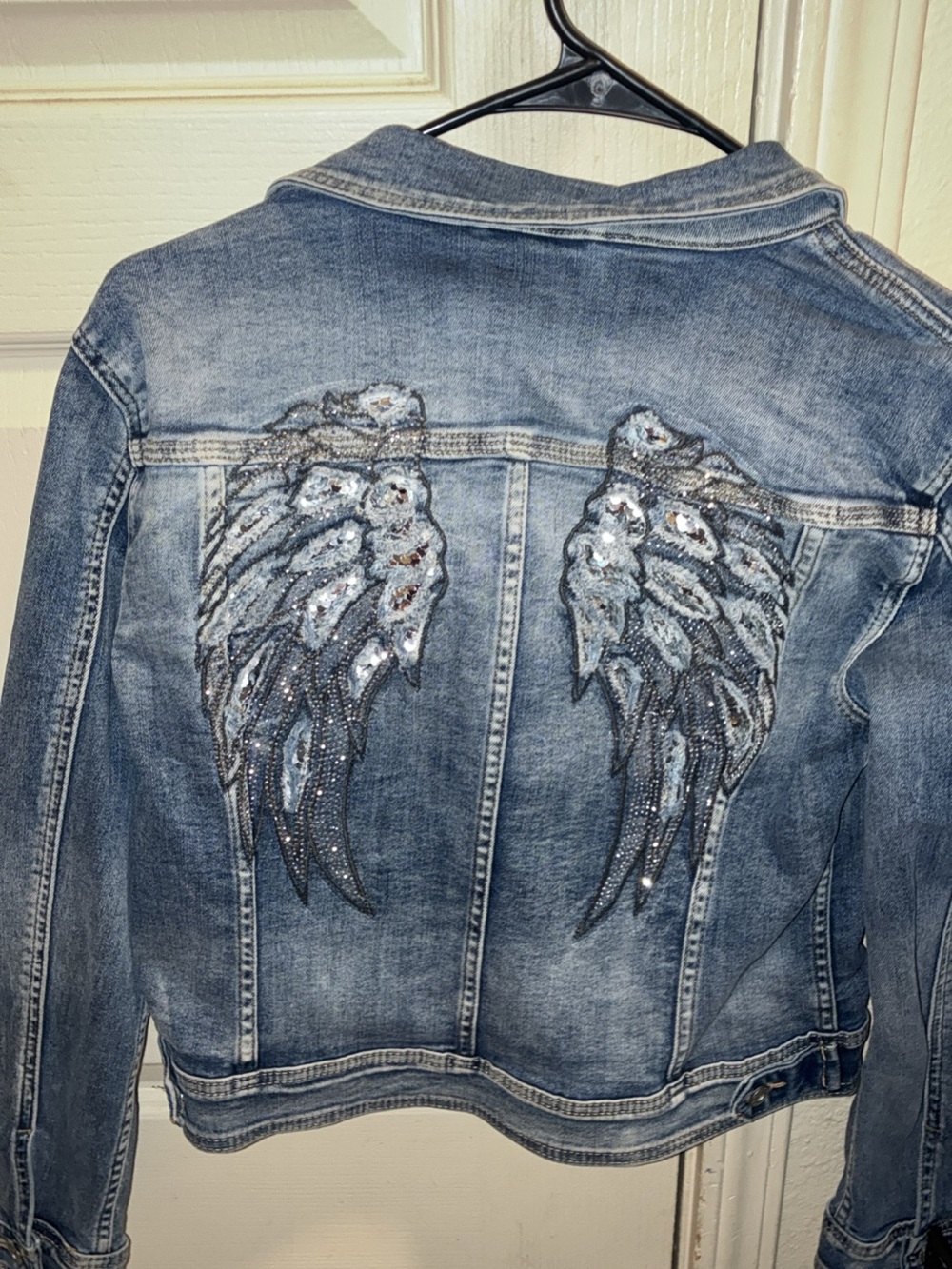 Embellished Denim Jacket with Sequin Angel Wings - Blue